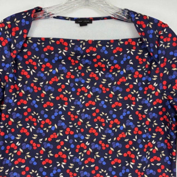 Ann Taylor Womens Small Pullover Knit Top Foldover Neckline Red Blue Cherry Prin - Picture 2 of 9
